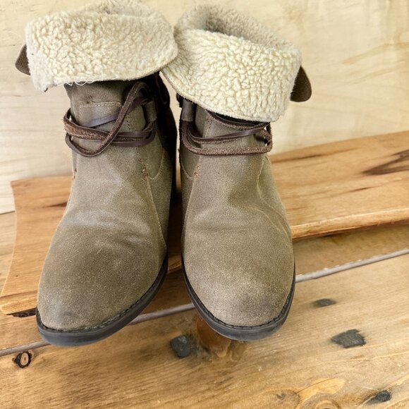 Eddie Bauer Louise Suede Boots Booties Tan Sherpa Cuff 8.5 - Picture 6 of 7